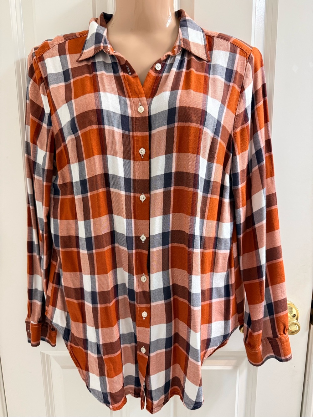 LOFT Men's Rust and White Plaid Button-Down Shirt